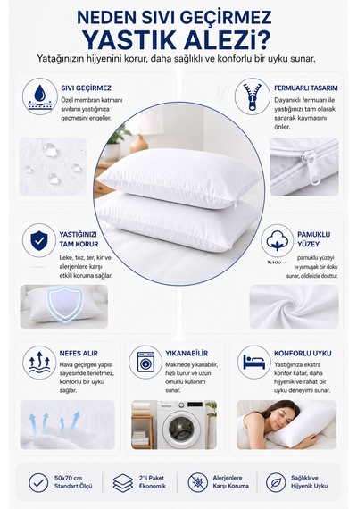 Sıvı Geçirmez Yastık Alezi 2'li 50x70 Cm Pamuklu Fermuarlı Puresleep Beyaz