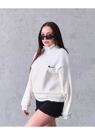 Kadın Yarım Fermuarlı Üç İplik Şardonlu Pamuklu Sweatshirt - Beyaz