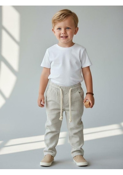 Zekids Erkek Çocuk Desenli Keten Pantolon-16807 Yeşil
