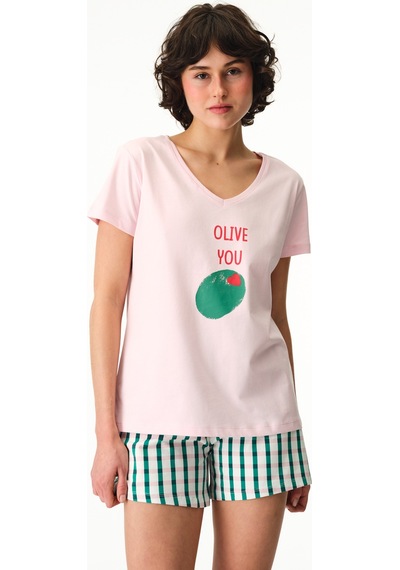 Penti Renkli Olive You Pamuklu Şort Pijama Takımı
