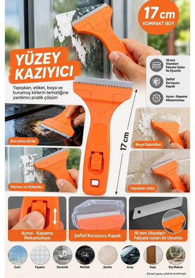 Yüzey Kazıyıcı Metal Bıçaklı Cam Etiket Boya Yapışkan Kazıma Temizleme Aparatı 17 Cm