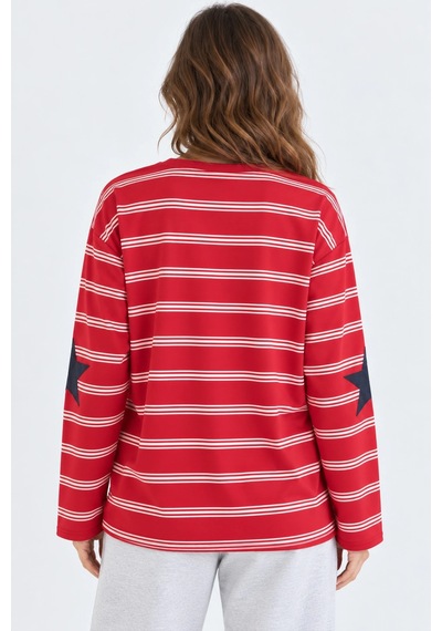 Mevese Kadın Oversize Paris Baskılı Çizgili Bisiklet Yaka Sweatshirt - Kırmızı
