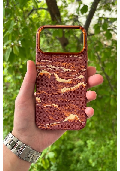 Apple iPhone Uyumlu 17 Pro Deniz Dalgası Desenli Soft Dokulu Karbon Fiber Magsafe Kılıf Turuncu