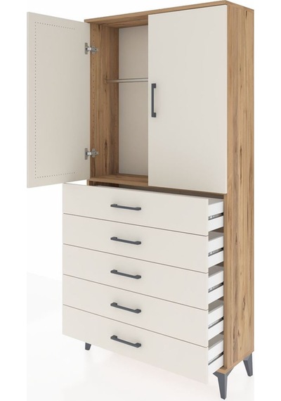 Arges Dolap Tek Raflı 5 Çekmeceli Tek Askılı 88x30x182 Çam-ay... Çam