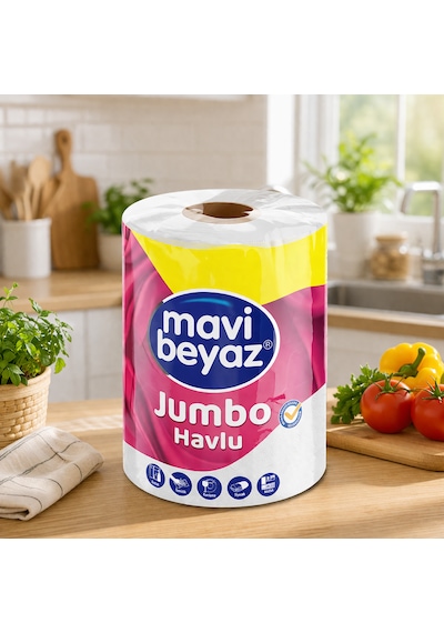 Mavi Beyaz Jumbo Kağıt Havlu 4 Lü Set 1 Rulo 6 Rulo Etkisi Yüksek Emicilik Ekonomik Paket