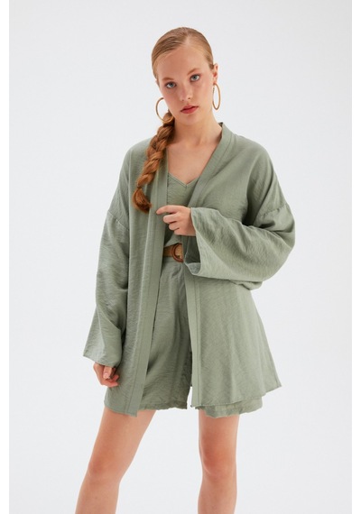 Sateen Kuşak Detaylı Salaş Kimono- Yeşil