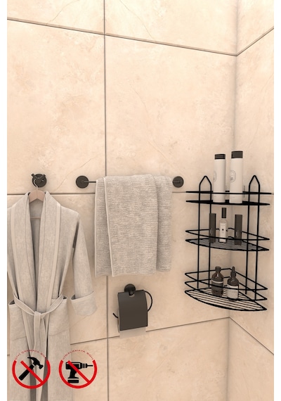 Alper Banyo Yapışkanlı Siyah 3 Katlı Banyo Rafı EK03 Lotus Açık Kağıtlık Uzun Havluluk V Bornoz Askılık Siyah