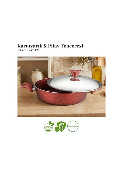 26 Cm Granit Karnıyarık & Pilav Tenceresi Çelik Kapak - Kırmızı Kırmızı