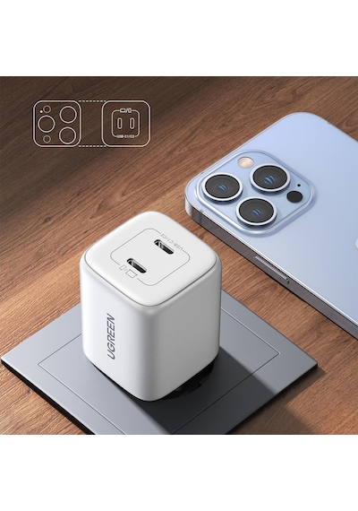 Ugreen Nexode 45w Usb Type-c Qc 4.0 Pd Gan X 2 Portlu Hızlı Şarj Cihazı Beyaz