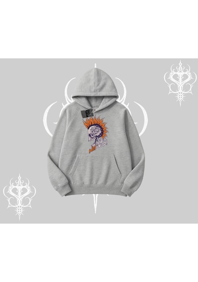 Kapşonlu Sweatshirt Burning Skull Rebel Street Anthem Gri