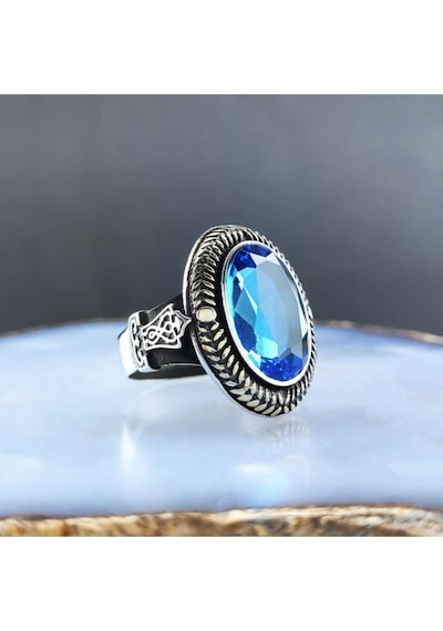 Aquamarine Taşlı Gümüş Erkek Yüzük Gyzgmswgumu