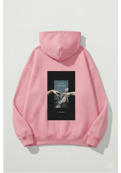 Uyguntarz Unisex Yumuşak Dokulu Live Baskılı Tasarım Oversize 3 İplik Hoodie Sweatshirt Pembe