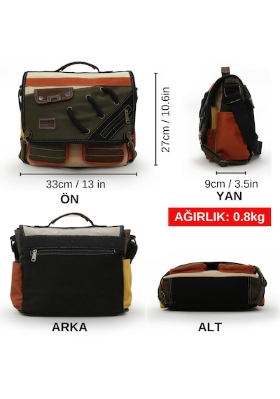 Cappadocia Vintage 4017 Haki Krem 14" Laptop Pamuk Gabardin Postacı Okul Çantası Unisex Kilitli Çok Cepli Omuz Askılı Haki - Turuncu