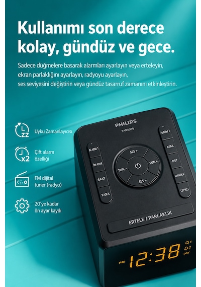 Philips Tar4500/10 Fm Saatli Radyo Çift Alarm Büyük Led Ekran Usb-c Telefon Şarjlı Dijital Çalar Saat
