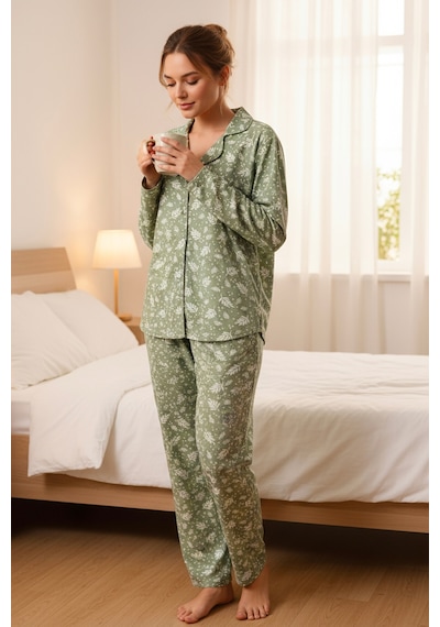 Süet Gömlek Pijama Takımı 7006 Doğa Yeşil Haki