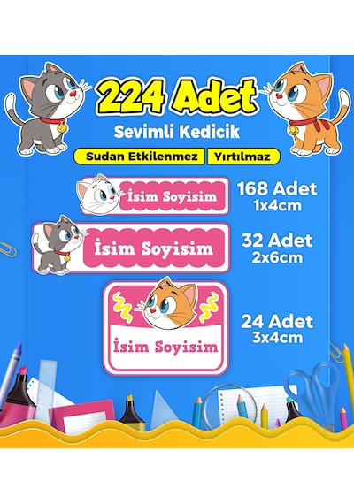 Sevimli Kedi Temalı Okul Kreş Kişiye Özel İsim Etiket Seti - Model 365 Çok Renkli