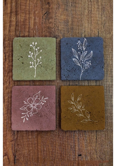 Doğal Taş Bardak Altlığı Renkli Çiçek Desenler Baskılı 4'lü Set - Stone Coasters Çok Renkli
