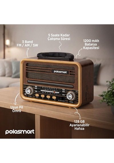 Polosmart Fs121 Nostaljik Radyo Bluetooth 5.3 Fm Am Sw Usb Tf Kart Girişli Şarjlı Retro Radyo