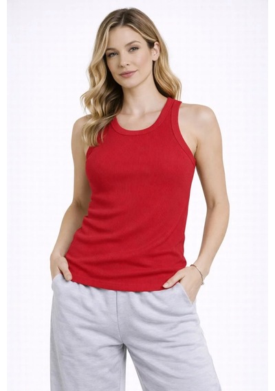 Assema Kadın Fitilli Atlet Sıfır Yaka Slim Fit Arka Baskılı Spor Atlet - Kırmızı Çok Renkli