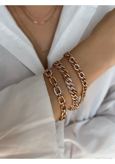 Kyver Taşlı Kalın Zincir Çelik Gurmet Bileklik Rose Gold