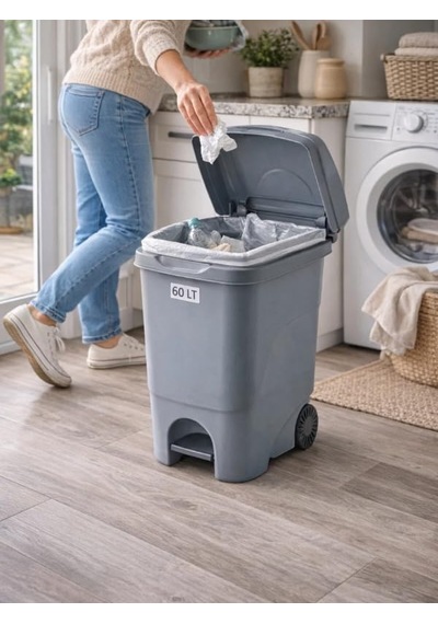 60 Lt Pedallı Kapaklı Çöp Kovası Tekerlekli Büyük Boy Plastik Çöp Kutusu
