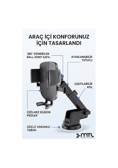 Katılabilir Ve 270 Ayarlanabilir Kol Araç İçi Telefon Tutucu Dayanıklı Ve Güçlü Vantuzlu