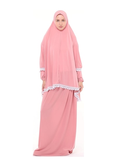 Altobeh Kadın İki Parça Likra Sandy Kumaş Dantelli Kollu Namaz Elbisesi Pembe Antrasit