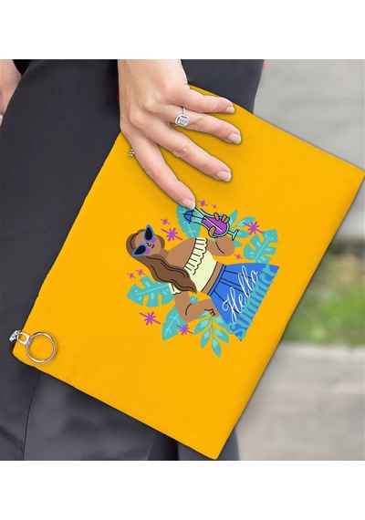 Bk Gift Yaz Temalı-3 Astarlı Sarı Portföy Çanta 30x21cm, Baskılı El Çantası, Organizer Çanta