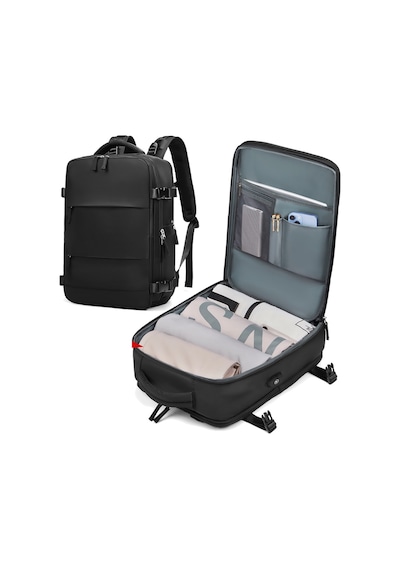 Su Geçirmez 16" İnç 30l Ayakkabı Bölmeli Seyahat Sırt Çantası - Laptop Bölmeli, Usb Şarj Girişli Siyah