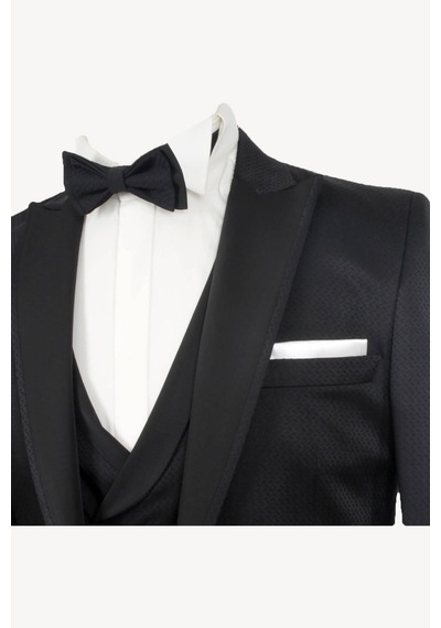 Ysf Erkek Siyah Slim Fit Kırlangıç Yaka Yelekli Damatlık
