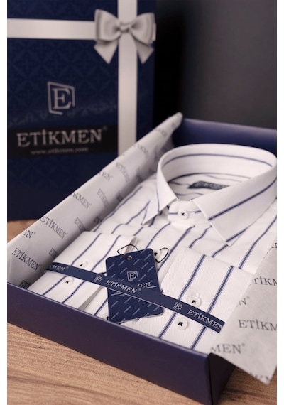 Etikmen Beyaz Lacivert Çizgili Slimfit Hediye Kutulu Erkek Gömlek 001
