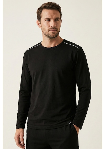 Elemge %100 Pamuk Süprem Uzun Kollu Pijama Üstü Erkek T-shirt Compact Penye Rahat Kalıp Tok Kumaş Siyah