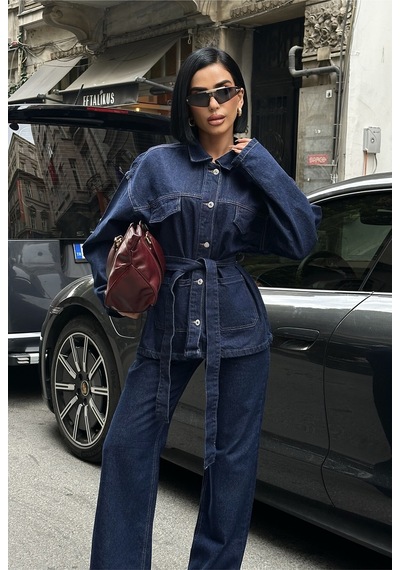 Meecy Koyu Lacivert Bağlamalı Denim Takım Oversize Ceket Ve Pantolon Lacivert Lacivert