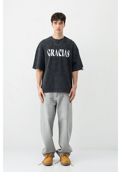 Vamos Oversize Baskılı Tişört V70-143 Siyah