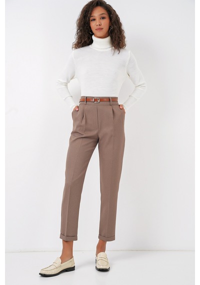 Bigdart 6686 Kadın Pileli Kemerli Kumaş Pantolon - Camel