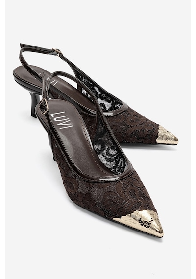 Luvi Shoes Clem Kahverengi Dantel Detaylı Altın Burunlu Kadın Topuklu Ayakkabı