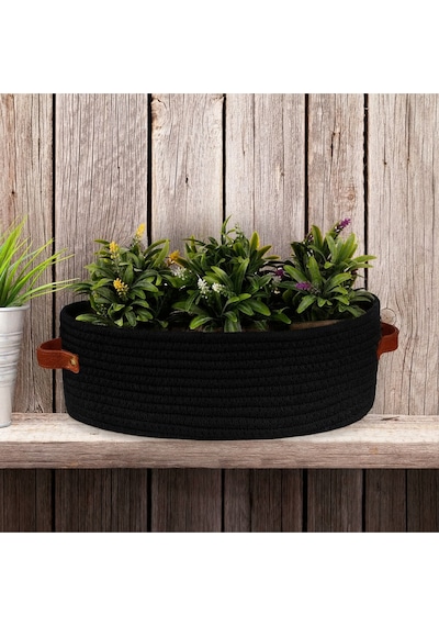 Mavaux Doğal Hasır Görünümlü 15x33x10 Çok Amaçlı Sepet Deri Saplı, Dekoratif Ve Fonksiyonel Organizer Siyah