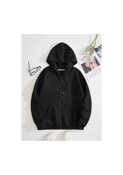 Tarzsokak Sun & Moon Print Zip Up Drawstring Lined Hoodie Siyah