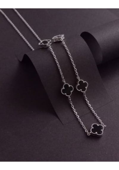 Beren Stainless Steel Siyah Yonca Çelik Kolye Gümüş