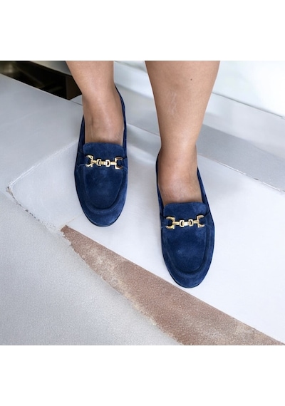 Ne&ve Shoes Lacivert Süet Hakiki Deri Gold Zincir Aksesuarlı Kadın Loafer Ayakkabı
