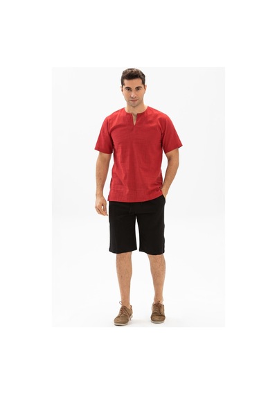 Kısa Kol Şile Bezi Bisiklet Yaka Erkek Yazlık Tshirt Kırmızı 3051-bordo Bordo