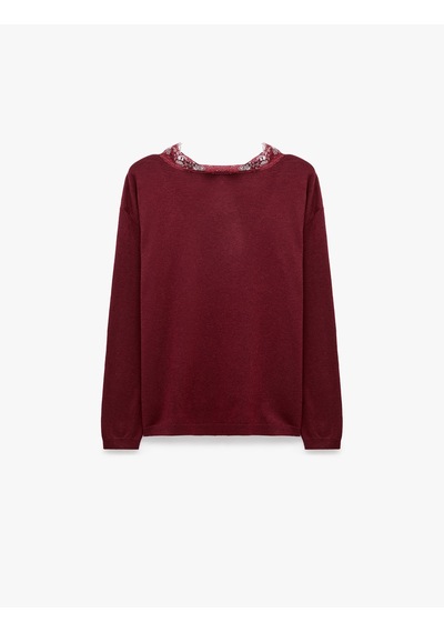 Koton Dantel Detaylı Regular Fit V Yaka Uzun Kollu Triko Kazak Bordo 7wal90144ıt