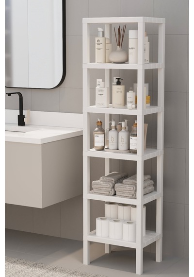 Shelf 6 Katlı Düzenleyici Plastik Raf Ünitesi Beyaz, Kitaplık, Mutfak, Banyo Rafı Dolabı, Saksılık Beyaz