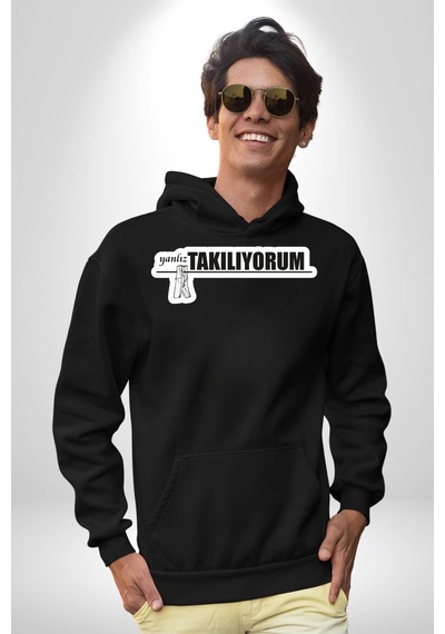 Yalnız Takılıyorum Yazılı Kadın Erkek Siyah Kapüşonlu Sweatshirt Hoodie Siyah