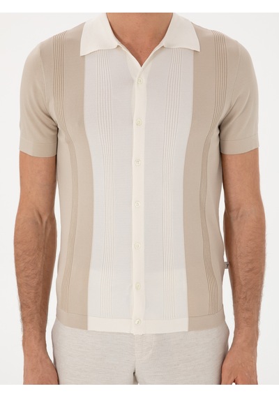 Cacharel Bej Slim Fit Düğmeli Kısa Kollu Triko Hırka