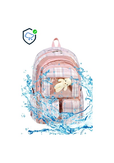 Ekose Peluş Ayıcıklı Şeffaf Cepli Okul Çantası Pembe