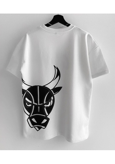 Flood Of Style Erkek Beyaz Bulls Baskılı Oversize Bisiklet Yaka T-shirt