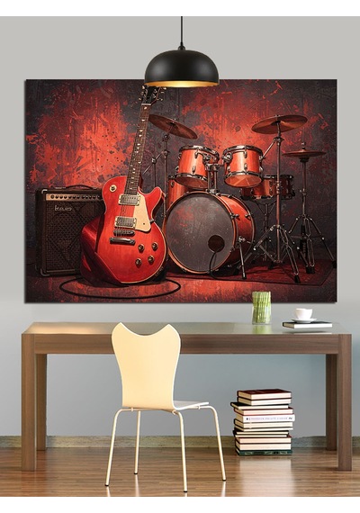 Davul Gitar Müzik Aletleri Dekoratif Kanvas - Mdf Ahşap Tablo