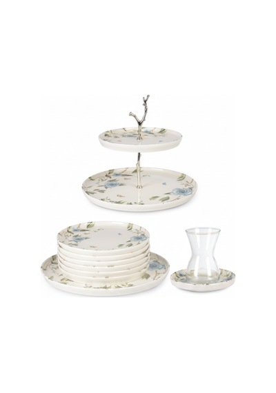 6 Kişilik Porselen Toledo 21 Prc Pasta Takımı Dijital Flora Desen İpek Krem