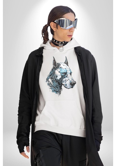Robot Cyborg Köpek Doberman Kadın Erkek Beyaz Kapüşonlu Sweatshirt Hoodie Beyaz